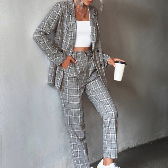 Womens Plaid Double Breasted Blazer And Pants Set - Picture 1 of 3